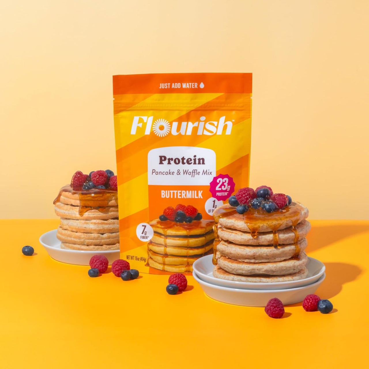 Flourish Protein Pancake & Waffle Mix, with Whey Protein & Flax Seed, No Added Sugar, High in Protein & Fiber - Just Add Water - Buttermilk Flavour, 16 oz (2 Pack)