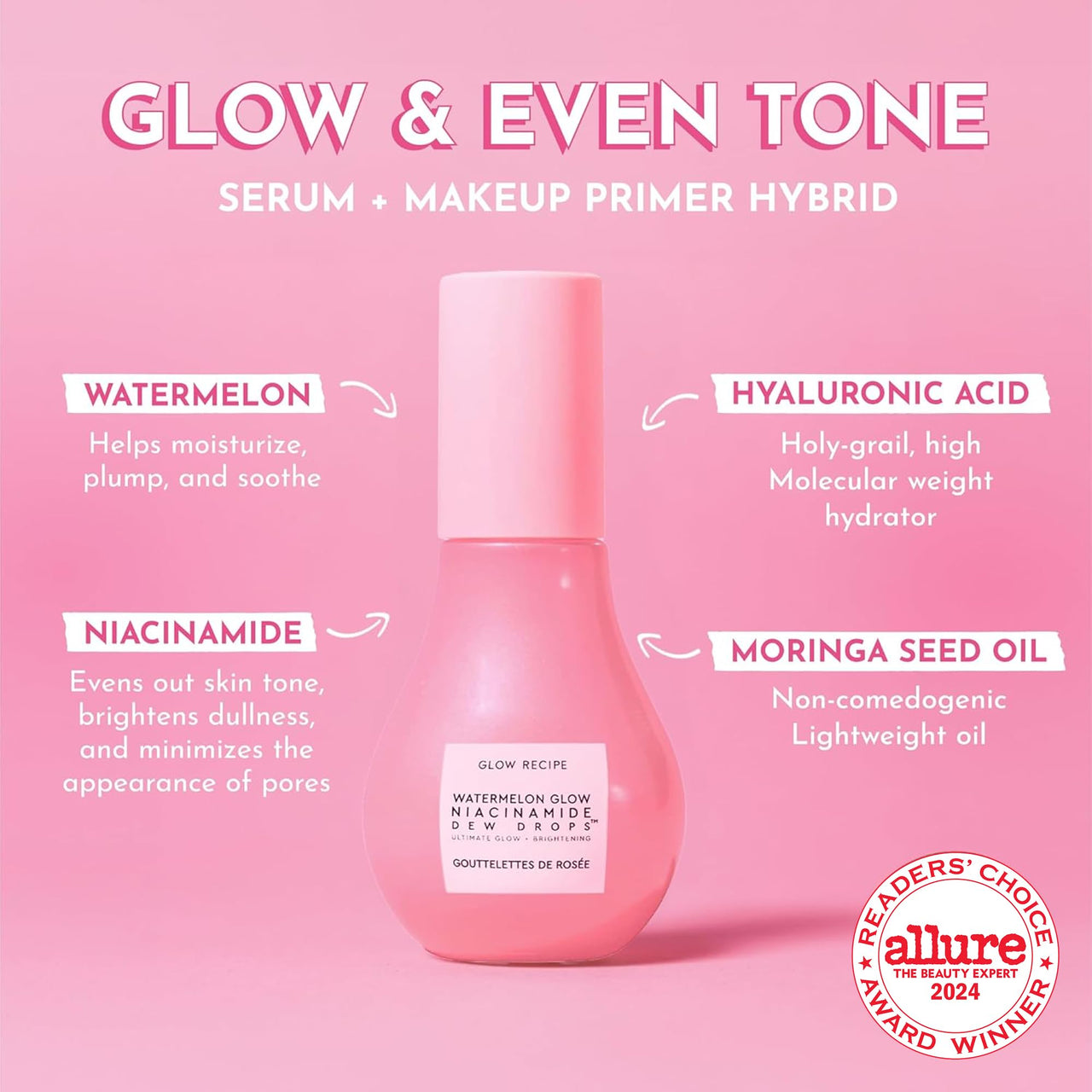 Glow Recipe Watermelon Niacinamide Dew Drops, Korean Niacinamide Serum Drops, Hydrating Face Serum + Primer & Liquid Highlighter, Hyaluronic Acid, Dewy Glow (40ml)
