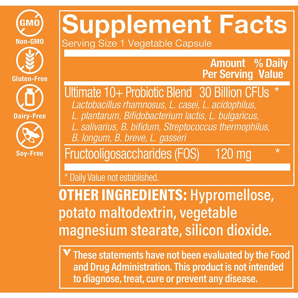 The Vitamin Shoppe Ultimate 10+ Probiotics 30 Billion CFU - 10 Probiotic Strains for Digestive Health, Immune & Gut Support (30 Vegetable Capsules)