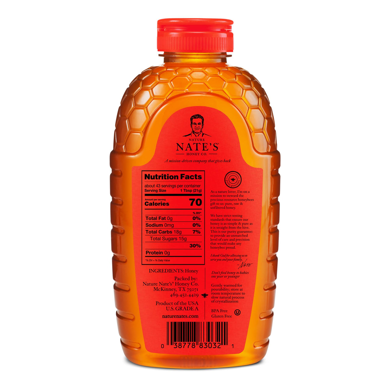 Nate's 100% Pure, Raw & Unfiltered Honey - Award-Winning Taste, 32oz. Squeeze Bottle (6 Pack)