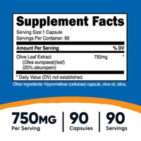 Thumbnail for Nutricost Olive Leaf Extract (20% Oleuropein) 750 MG, 90 Capsules - Non-GMO, Gluten Free