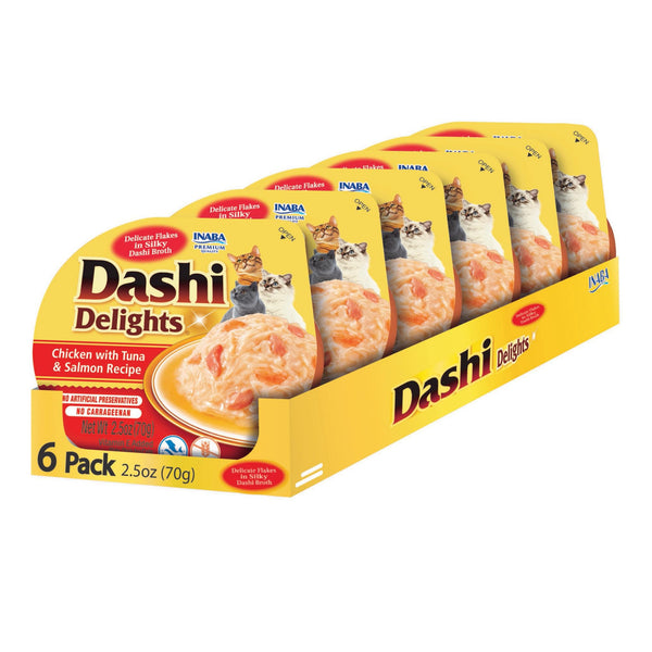 INABA Dashi Delights for Cats, Shredded Chicken Side Dish with Bonito Flake Broth, Cat Food Complement with Taurine & Green Tea Extract, 2.5 Ounce Cup, 6 Cups Total, Chicken with Tuna & Salmon Recipe
