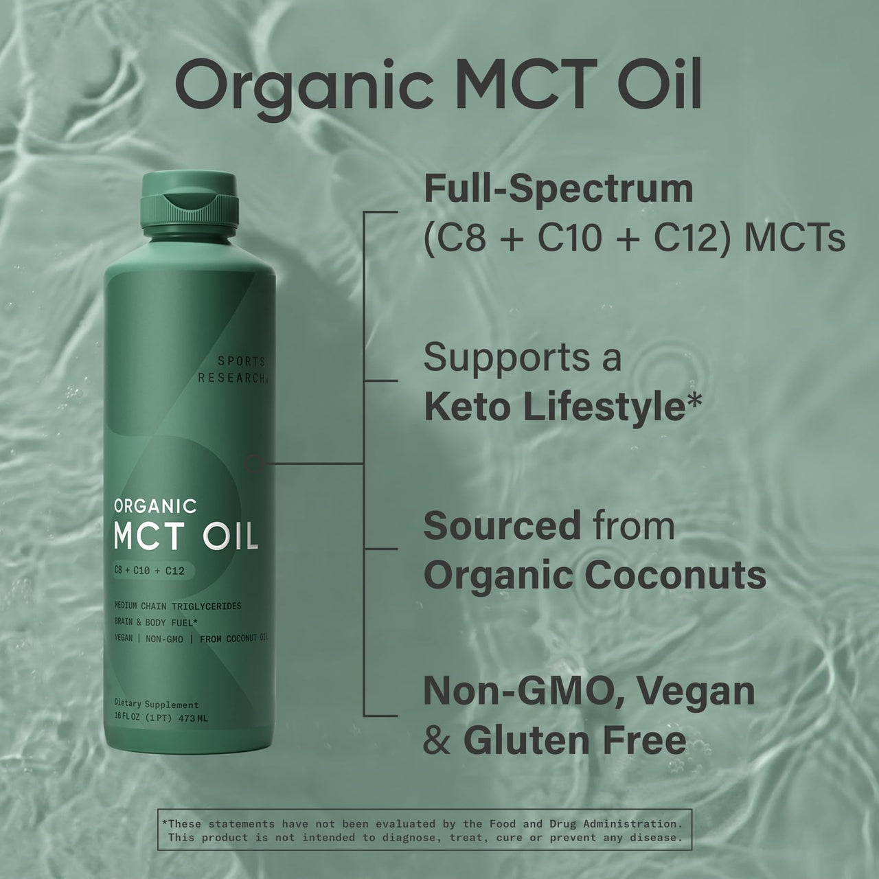 Sports Research® Organic MCT Oil 16oz - Full Spectrum (C8, C10, C12) Sourced from Coconut Oil - Keto Brain & Body Fuel* - Vegan Certified · Non-GMO · Informed Choice Certified - Unflavored