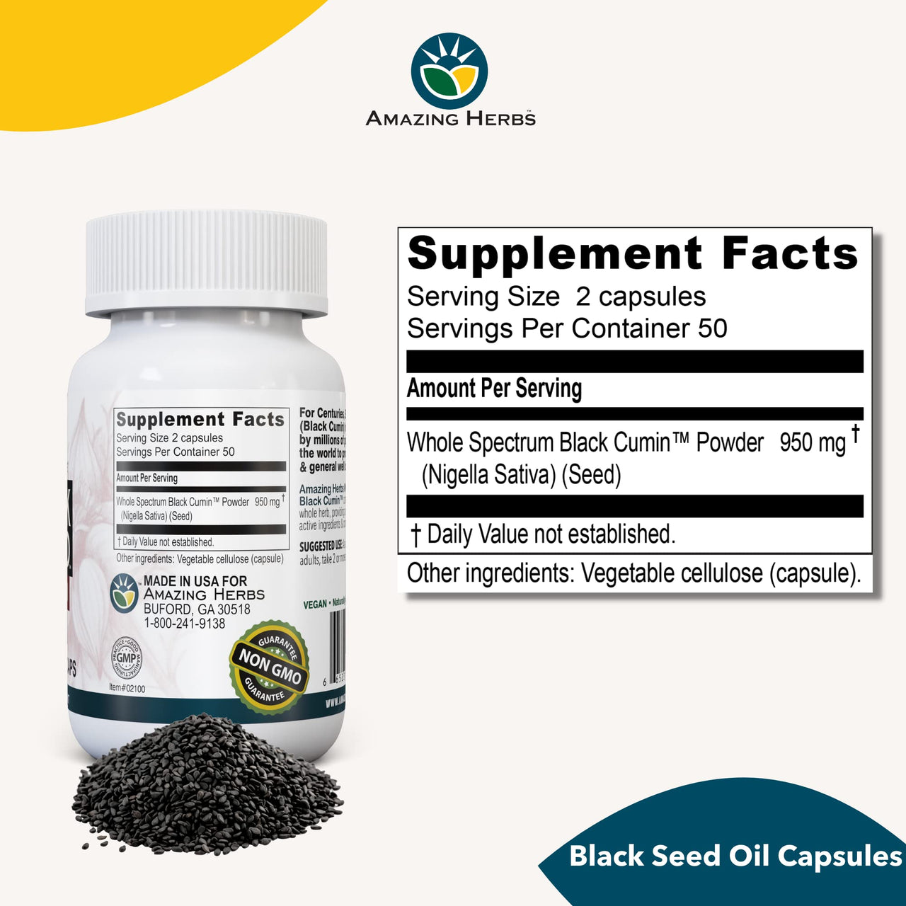 Amazing Herbs Whole Spectrum Black Seed Original Plain, Vegetarian Capsules - Gluten Free, Non GMO, Cold Pressed Nigella Sativa Aids in Digestive Health - 100 Count, 475mg