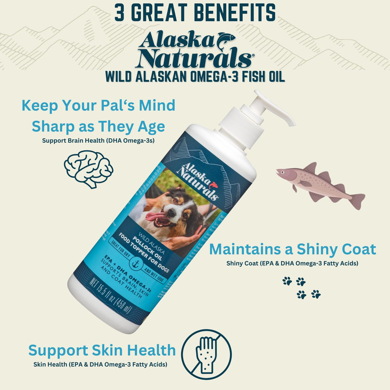 Alaska Naturals Wild Alaskan Fish Oil Supplement for Dogs Skin and Coat with EPA DHA Omega 3 Fatty Acids Sustainable Liquid Food Topper 15.5 oz. Pump