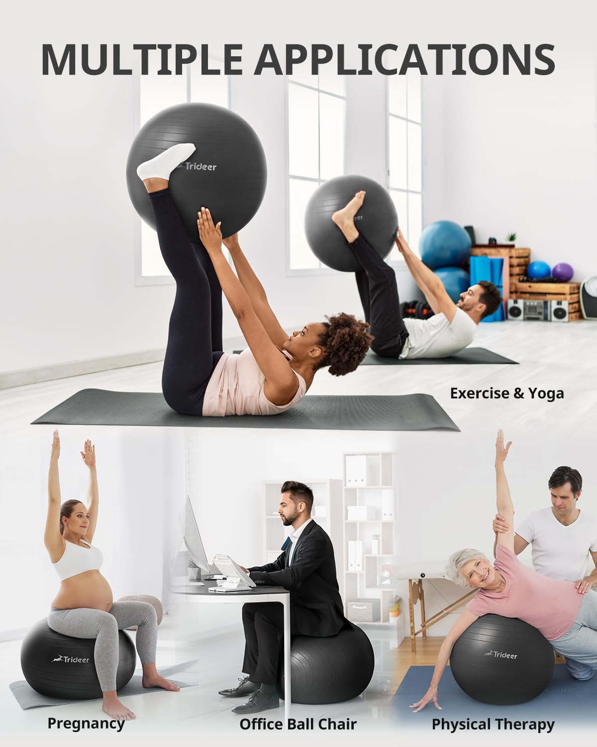 Trideer Yoga Exercise Ball - 5 Sizes for Working Out, Birthing, Physical Therapy, Balance, Stability, Fitness, Office Chair - Quick Pump Included