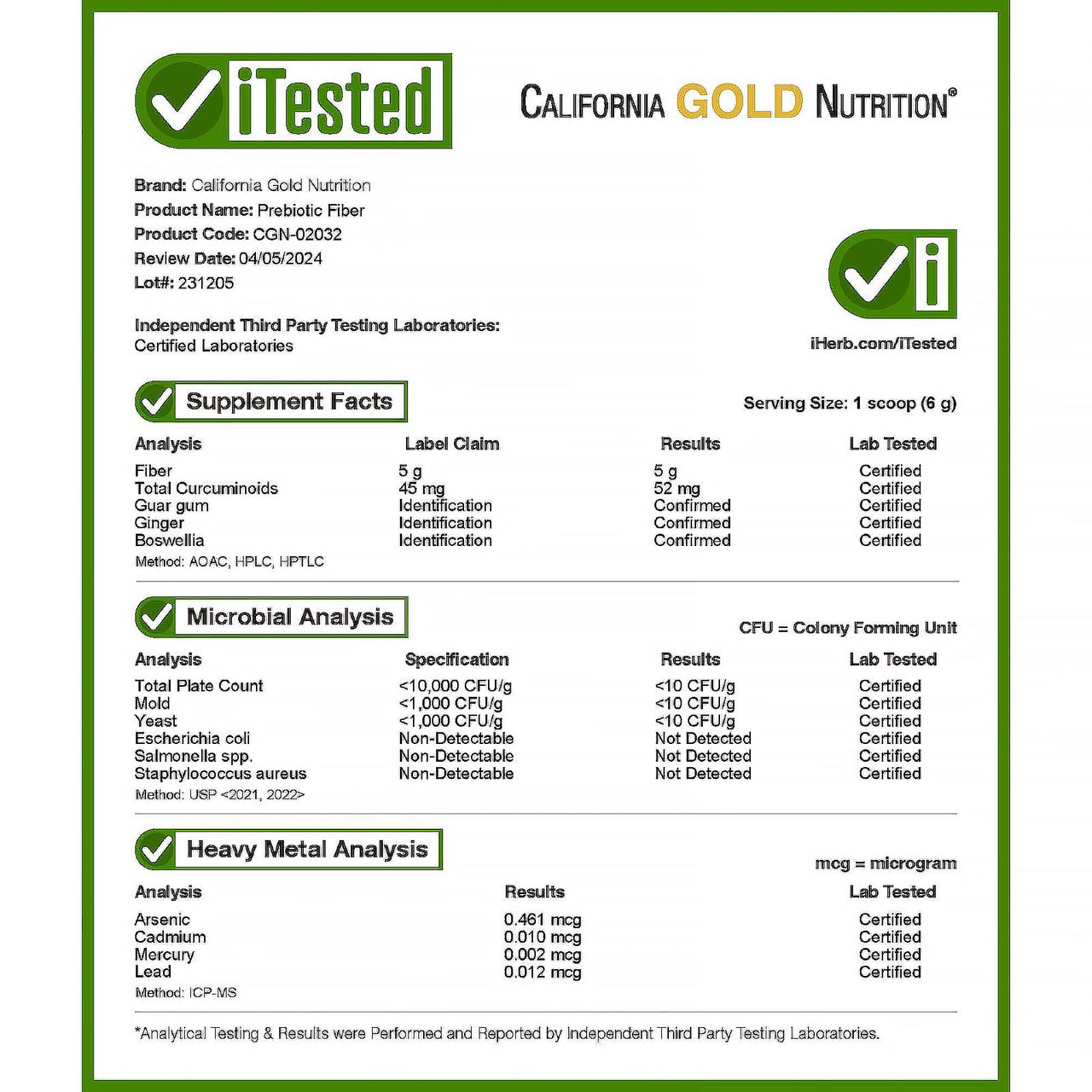 California Gold Nutrition Prebiotic Fiber Plus Turmeric Extract, Organic Ginger Extract and Boswellia Extract, 6.7 oz (189 g)
