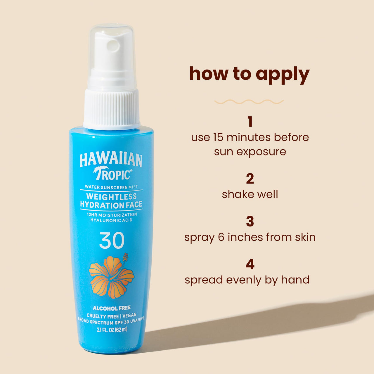 Hawaiian Tropic Weightless Hydration Water Mist for Face SPF 30, 2.1 Fl Oz, Travel Size SPF Face Mist Hydrating Spray, Non-Comedogenic Sunscreen Facial Mist, Non-Aerosol Sunscreen Spray, 2.1 Fl Oz