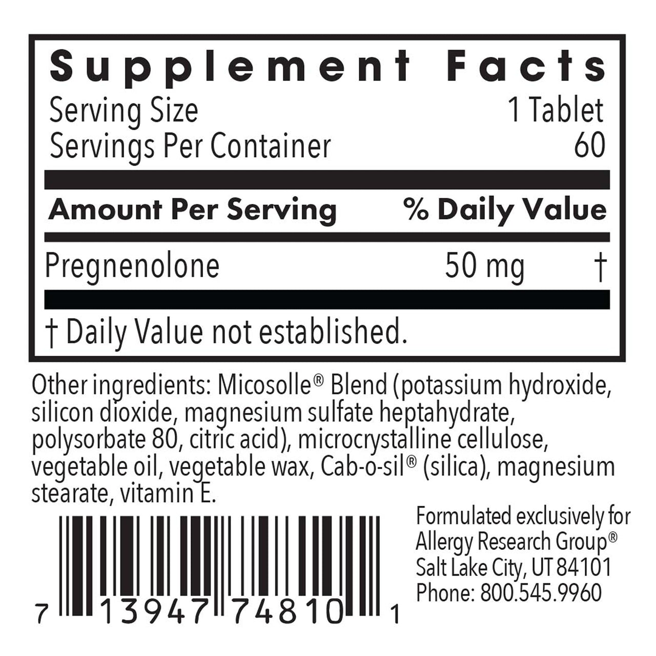 Allergy Research Group ARG Pregnenolone 50 mg - Micronized Hormone Precursor Support - Highly Bioavailable - Hypoallergenic - 60 Servings - 60 Scored Tablets