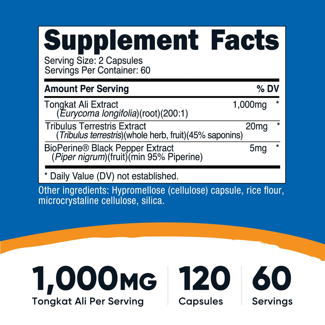 Nutricost Tongkat Ali 1,000mg 120 Capsules - with Tribulus Terrestris and BioPerine, Vegetarian Caps, Non-GMO, Gluten Free, Potent Extract