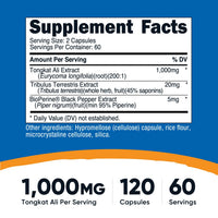 Thumbnail for Nutricost Tongkat Ali 1,000mg 120 Capsules - with Tribulus Terrestris and BioPerine, Vegetarian Caps, Non-GMO, Gluten Free, Potent Extract