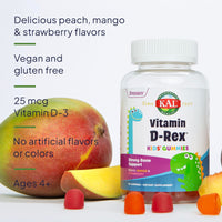 Thumbnail for KAL Vitamin D-Rex - Vitamin D Gummies for Kids - Kids Vitamin D3 - Peach, Mango, and Strawberry Flavors - Immune, Heart, Bone & Oral Support - Vegetarian, Gluten Free - 60 Servings, 60 Gummies