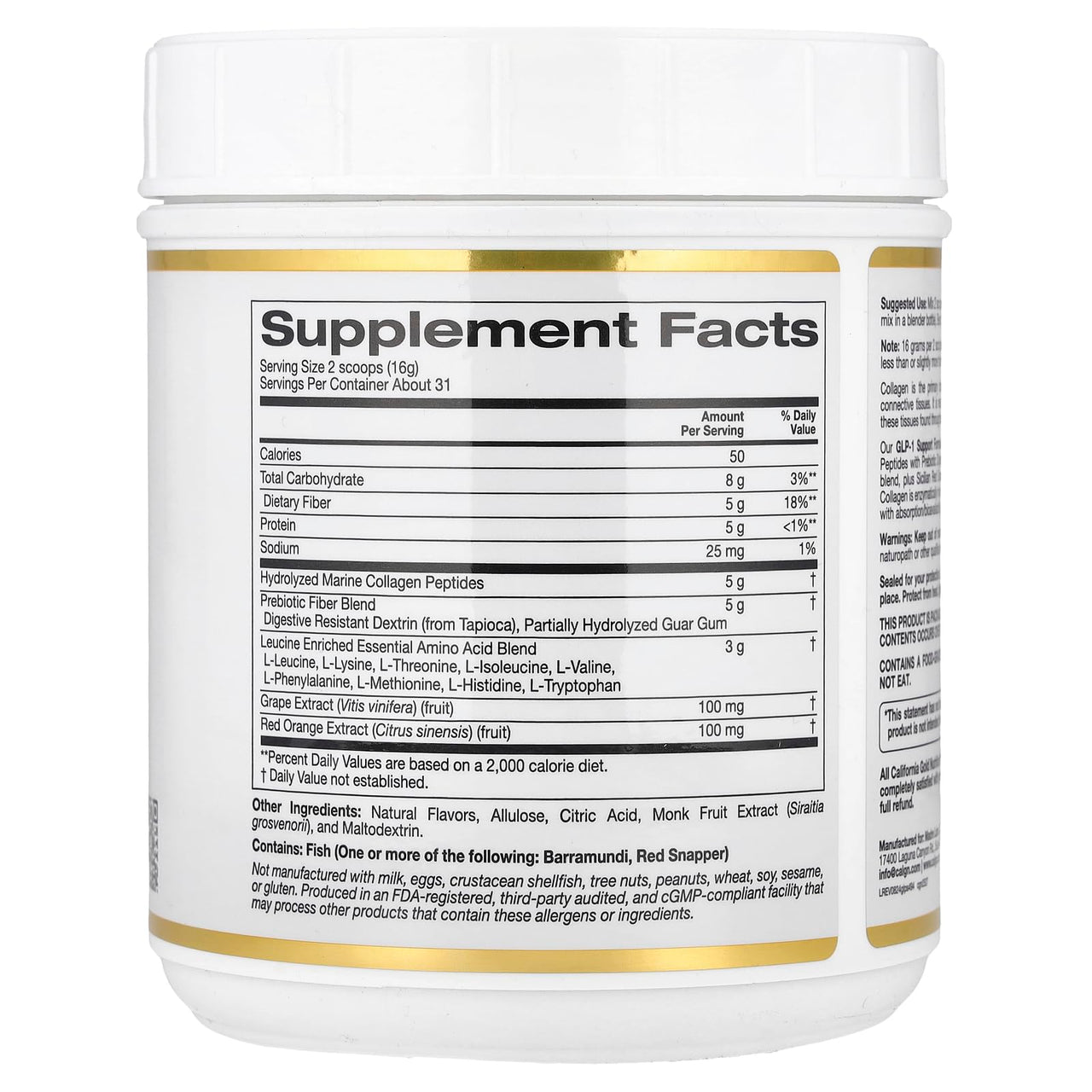 California Gold Nutrition GLP-1 Support Formula with Collagen Peptides, Prebiotic Fiber & Essential Amino Acids, Watermelon Yuzu, 1.09 lb (494 g)