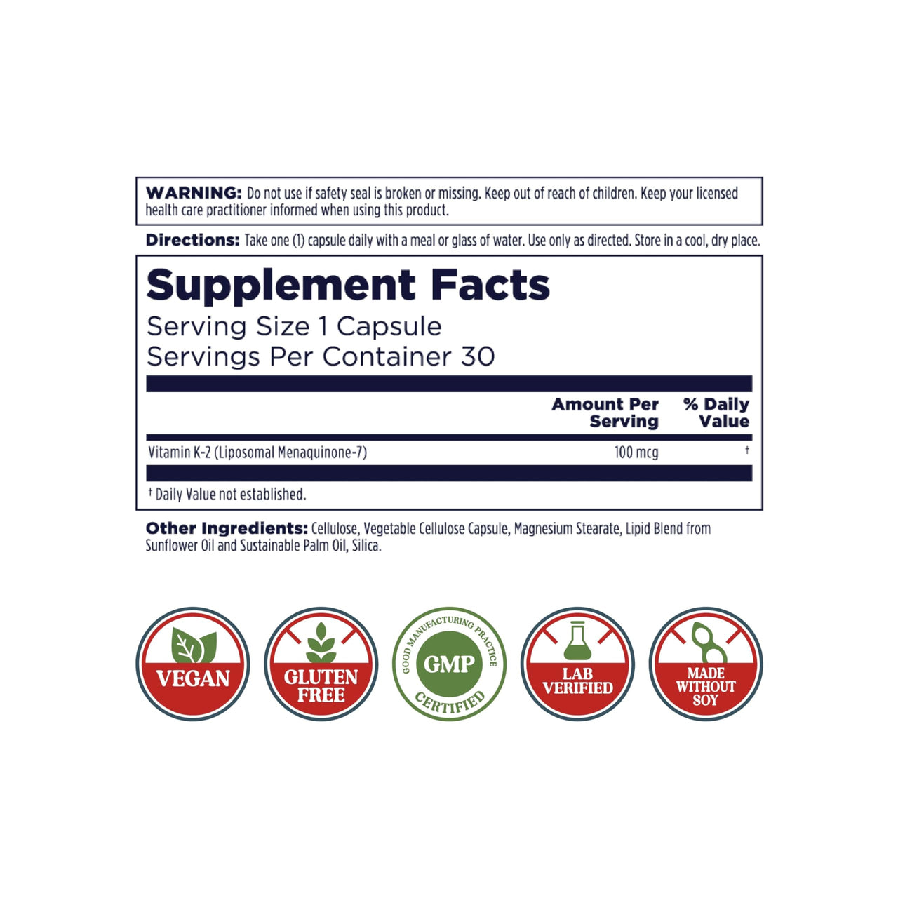 KAL Liposomal Vitamin K2 Supplement with MK7 100 mcg - High Absorption, Liposomal Technology - Advanced Bone Support - Vegan, Gluten Free, Made Without Soy, 30 Servings, 30 VegCaps
