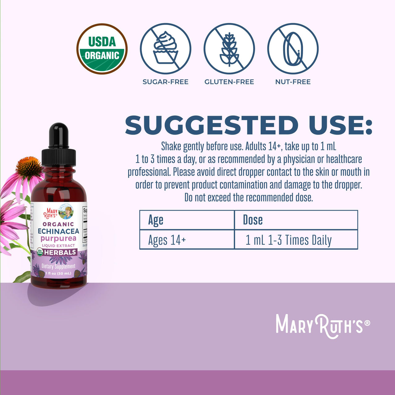 MaryRuth Organics Echinacea Purpurea Liquid | Sugar Free | USDA Organic | Echinacea Liquid Drops for Immune Support| Respiratory Health | Alcohol Free | Non-GMO | Vegan | 1 Fl Oz