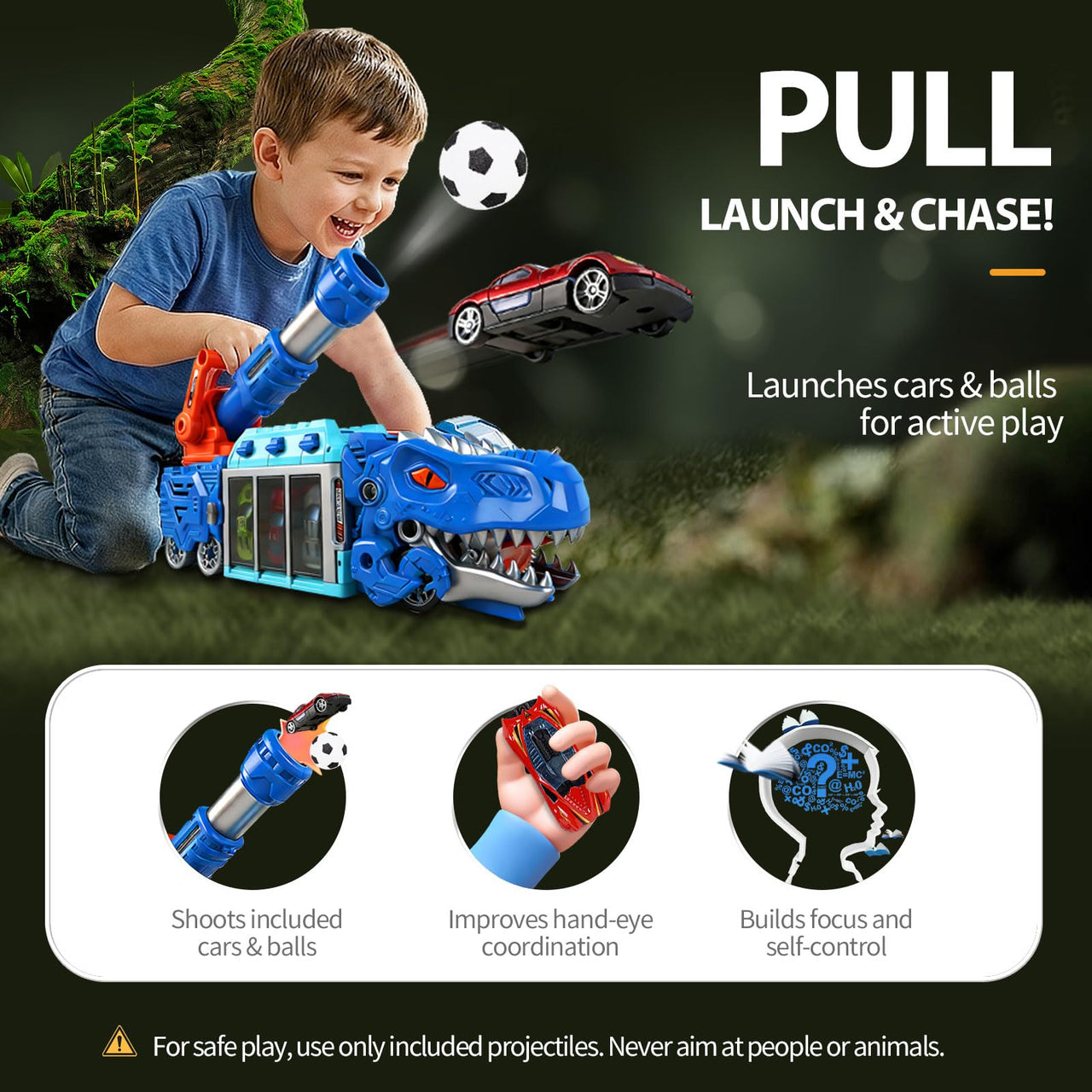 LUCKFUTURE Dinosaur Truck Toy, Blue T-Rex with Launcher - Shoots Cars & Balls, Interactive Tyrannosaurus Play Set with Storage for Kids Ages 3-7