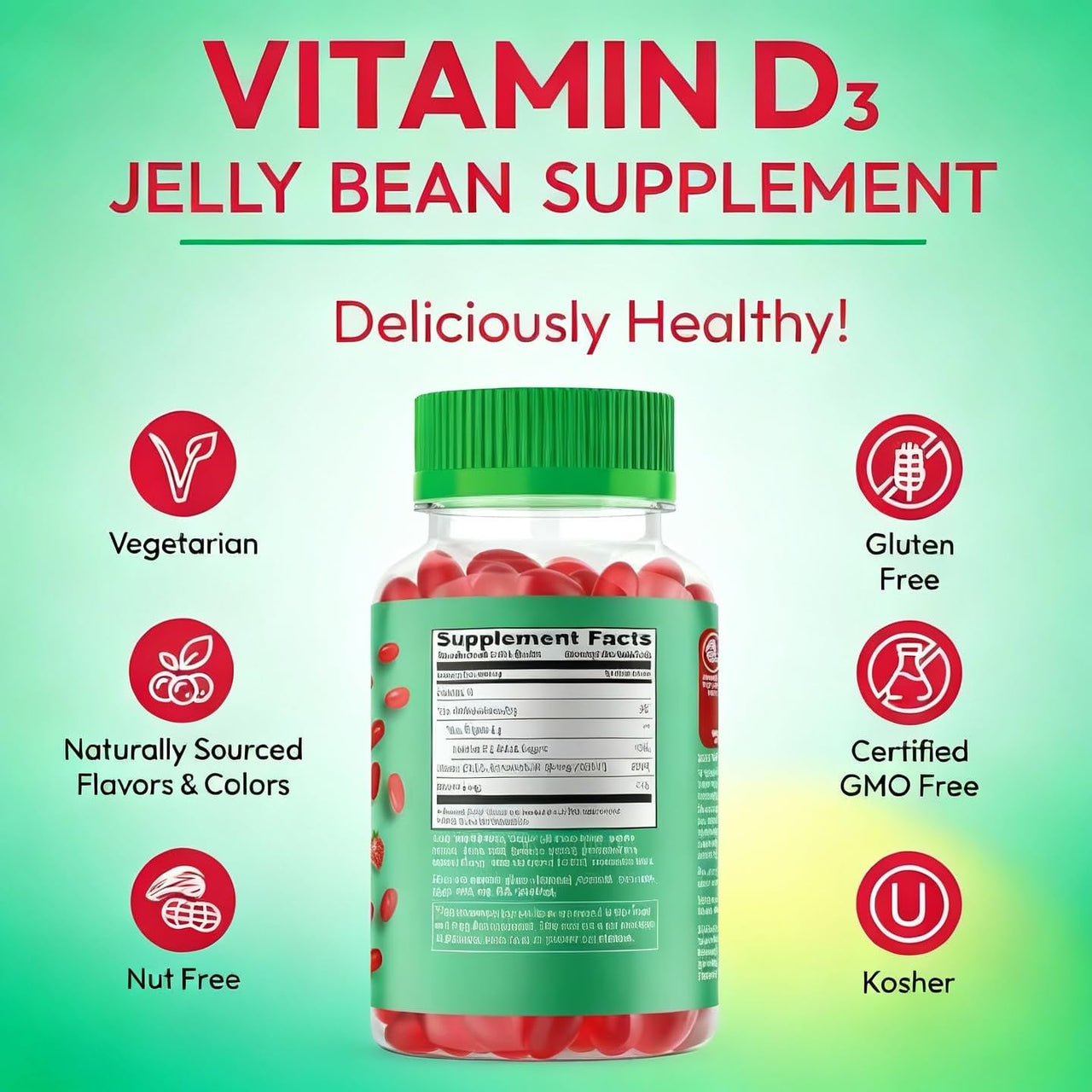 Human Beanz Vitamin D3 Jelly Bean Gummies for Adults, Immunity Support, 2000 IU Vitamin D, Nutritional Vegetarian Supplements, 120 Strawberry Blast Jelly Beans, Kosher