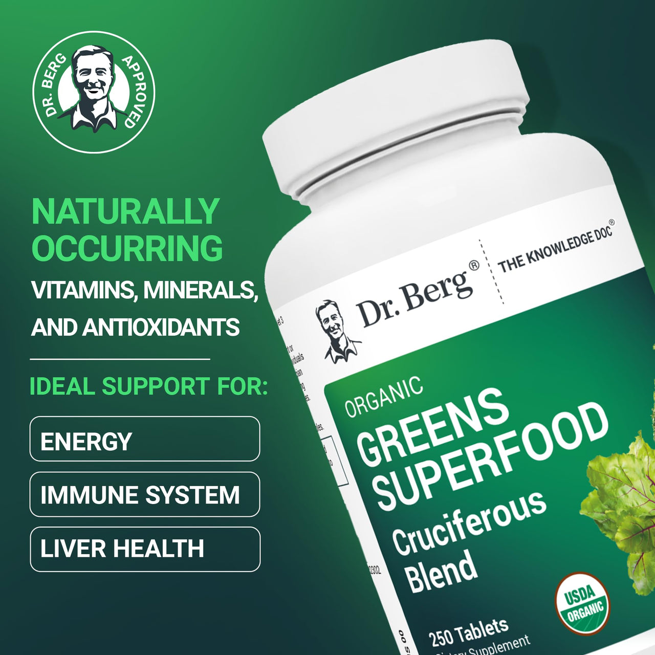 Dr. Berg's Greens Superfood Cruciferous Vegetable Tablets - Vegetable Supplements for Adults w/ 11 Phytonutrient Super Greens Tablets - Energy, Immune System & Liver Veggie Tablets - 250 Tablets