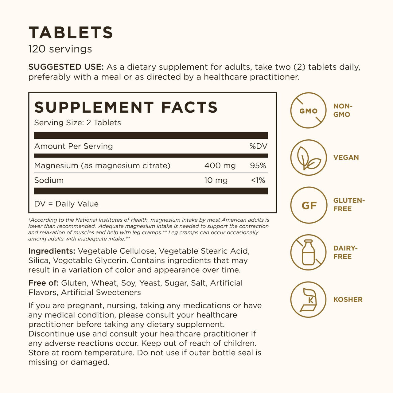 Solgar Magnesium Citrate, 120 Tablets - Promotes Healthy Bones - Supports Nerve & Muscle Function - Non GMO, Vegan, Gluten Free, Dairy Free, Kosher - 60 Servings, Standard Packaging