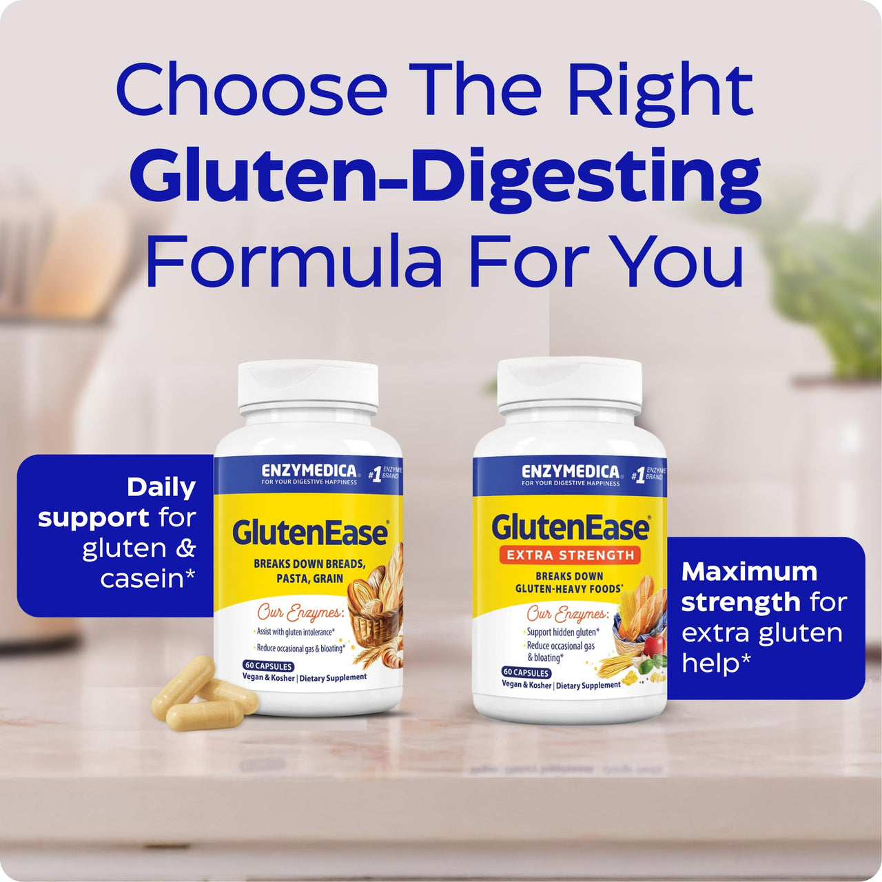 Enzymedica GlutenEase Extra Strength, Advanced Gluten Digestive Enzymes for Women and Men, Fast-Acting Formula for Bloating Relief & Digestive Health, 30 Capsules