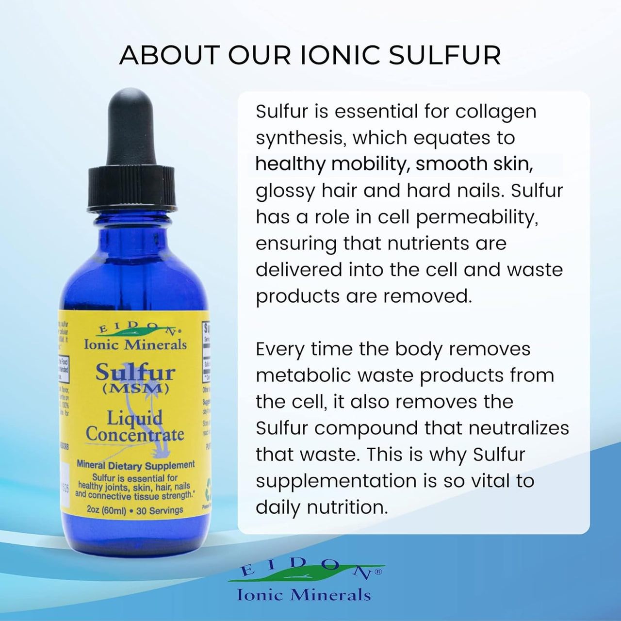 Eidon Ionic Minerals Liquid Sulfur Concentrate Drops - Pure Ionic MSM Sulfur Supplement, Supports Smooth Skin & Glossy Hair, No Preservatives or Additives, Gluten & Sugar Free - 2 oz