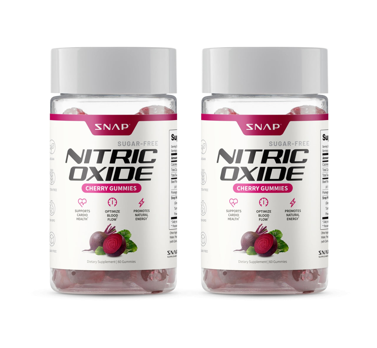 Snap Supplements Nitric Oxide Gummies - Beet Root Extract 300mg, Sugar Free Beetroot Supplement with Pomegranate Powder for Circulation & Natural Energy, 60 Vegan Gummies (2-Pack), Cherry Flavor
