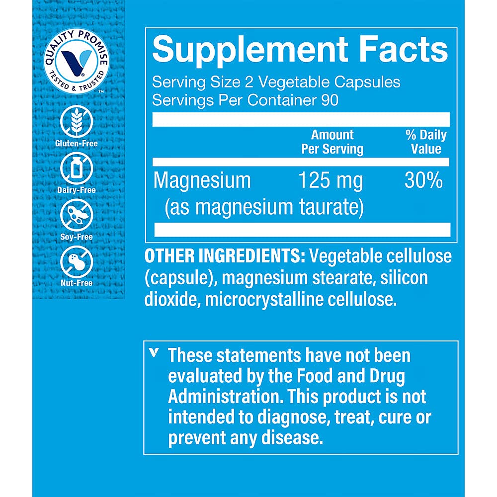 The Vitamin Shoppe Magnesium Taurate 125mg - Heart Health & Muscle Relaxation | Energy Production | 180 Veggie Caps | Cardiovascular