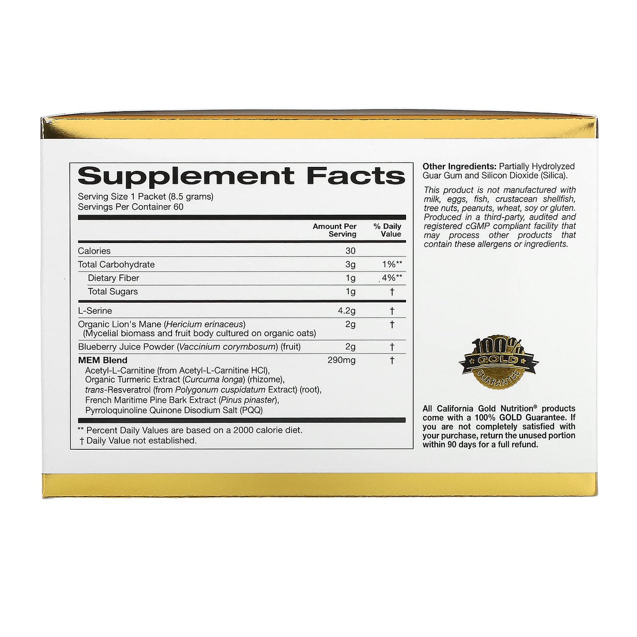 California Gold Nutrition MEM Food, Memory & Cognitive Support with MEM Blend, L-Serine, Organic Lion's Mane and Blueberry Juice Powder, 60 Packets, 0.3 oz (8.5 g) Each