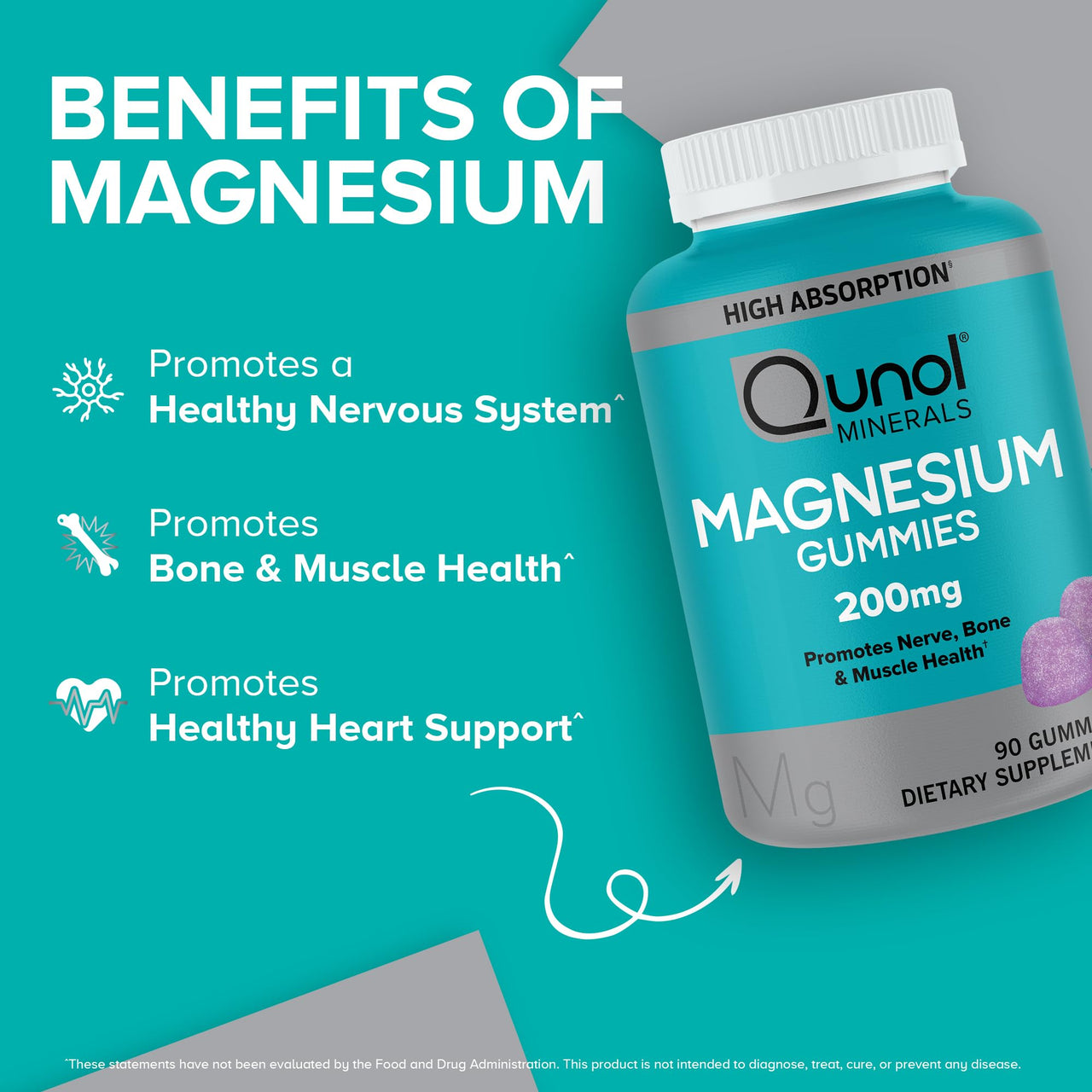 Qunol Magnesium Gummies for Adults, 200mg Elemental Magnesium (from 1,750mg Magnesium Citrate), High Absorption Magnesium Supplement, Supports Nerve, Bone and Muscle Health, Vegetarian, 90 CountQunol Magnesium Gummies for Adults, 200mg Elemental Magnesium