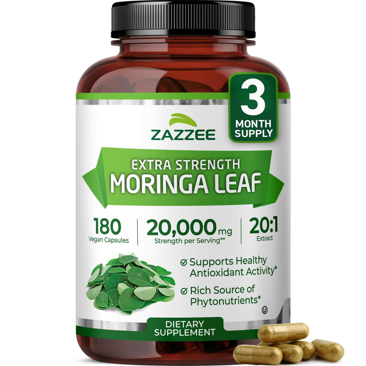 Zazzee USDA Organic Moringa Leaf 20:1 Extract, 180 Vegan Capsules, 3 Month Supply, Certified Kosher, Moringa Oleifera, Antioxidant, Immune & Cellular Support, Superfood Supplement, Made in the USA
