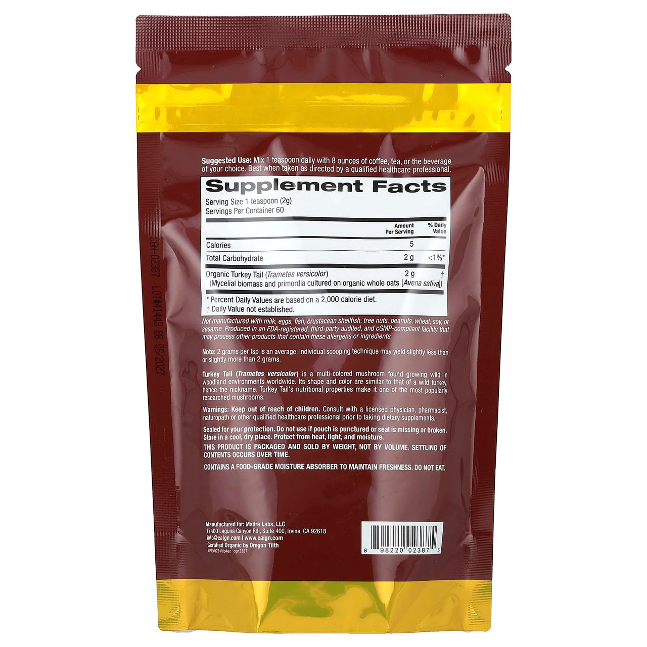 California Gold Nutrition Fungiology®, Certified Organic Turkey Tail Powder, 4.2 oz (120 g)