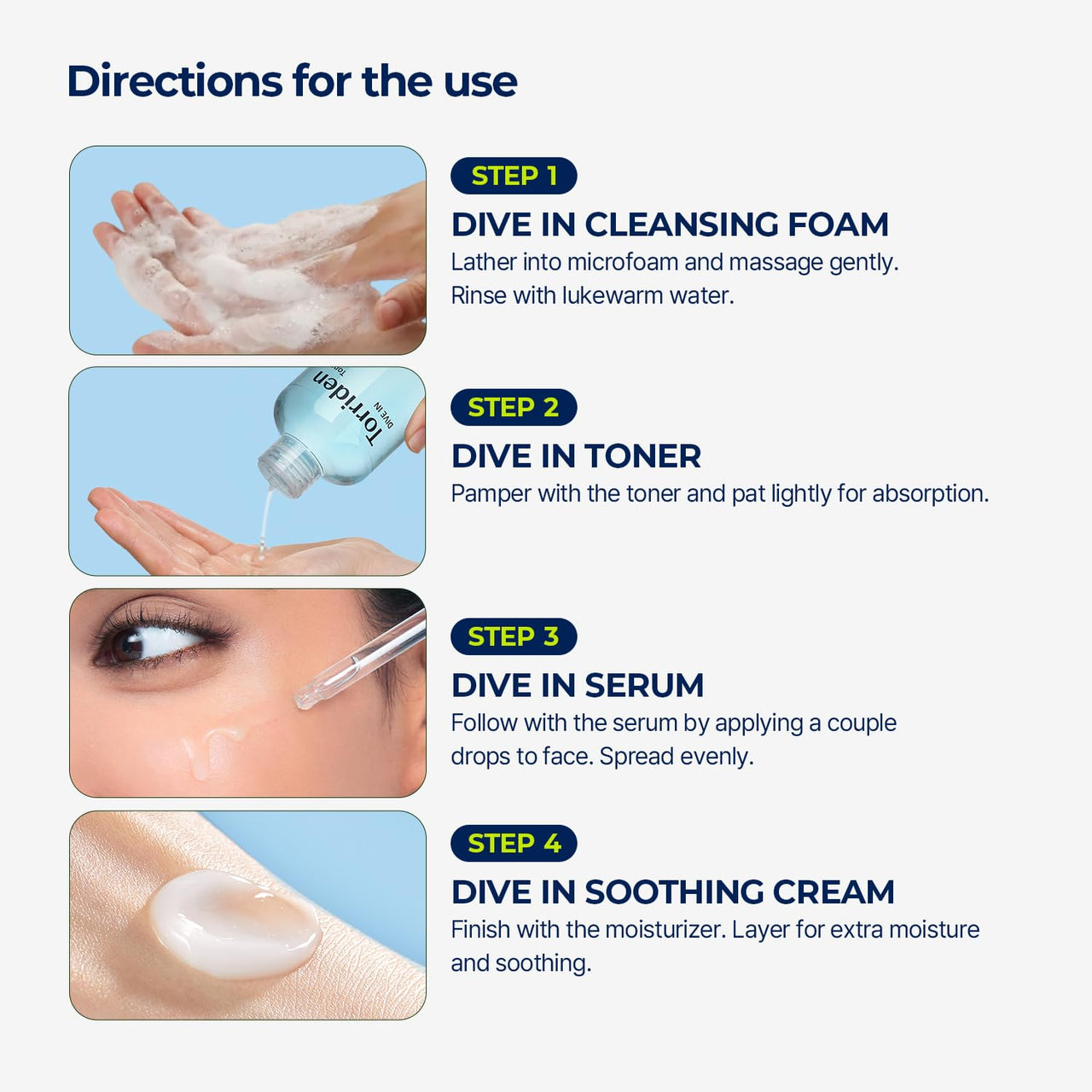 Torriden DIVE IN Trial Kit | Hyaluronic Acid Infused Daily Skincare Kit - 4 Step Regimen with Foam Cleanser, Facial Toner, Serum, and Cream | Korean Skin Care Set