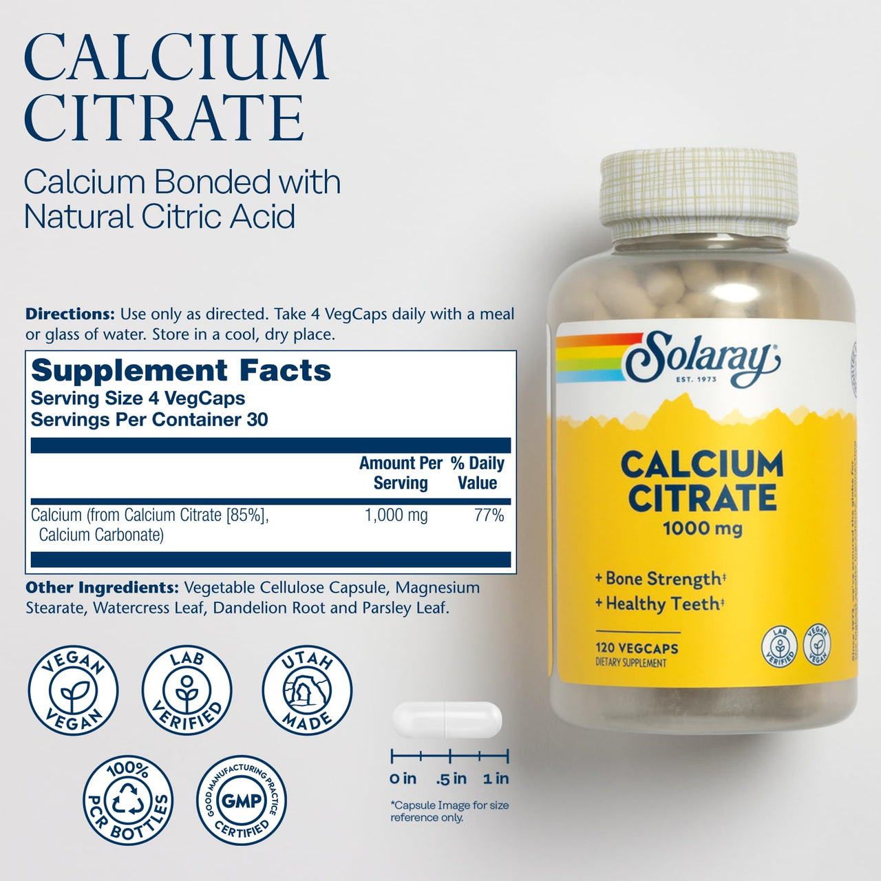 Solaray Calcium Citrate 1000mg - Chelated Calcium Supplement - Supports Bone Strength and Healthy Teeth - Easy to Digest - Vegan - 30 Servings, 120 VegCaps