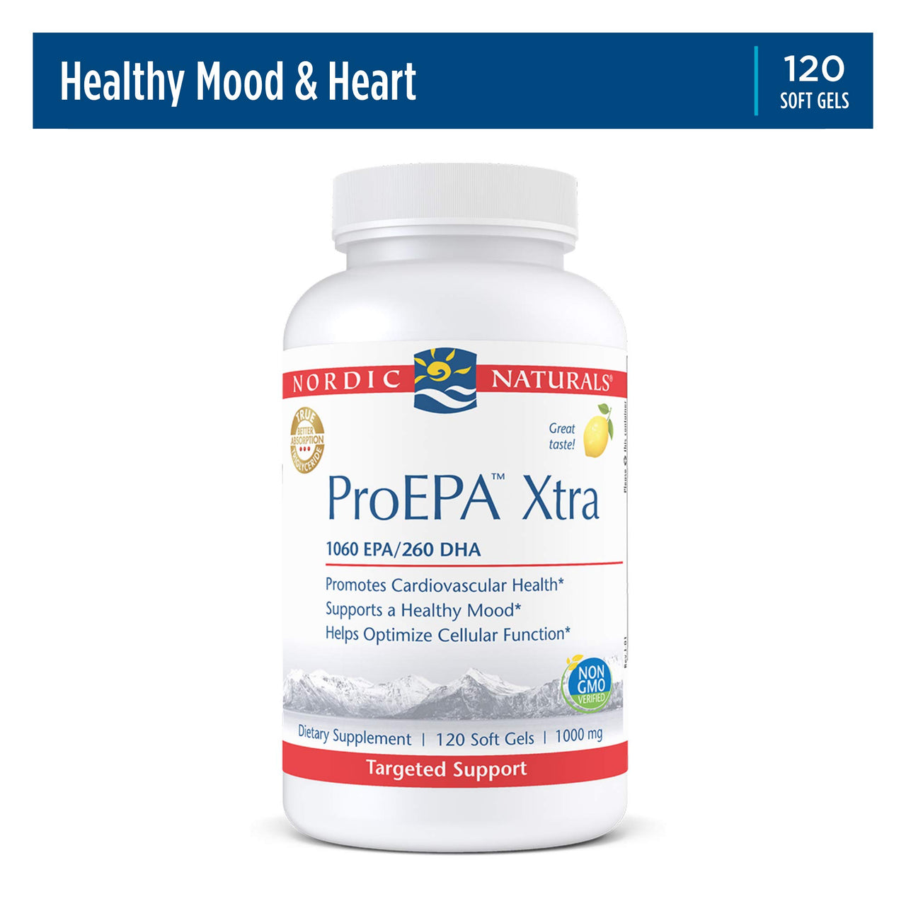 Nordic Naturals ProEPA Xtra, Lemon - 120 Soft Gels - 1640 mg Omega-3 - High-Intensity EPA Formula for Positive Mood, Heart Health & Cellular Function - Non-GMO - 60 Servings