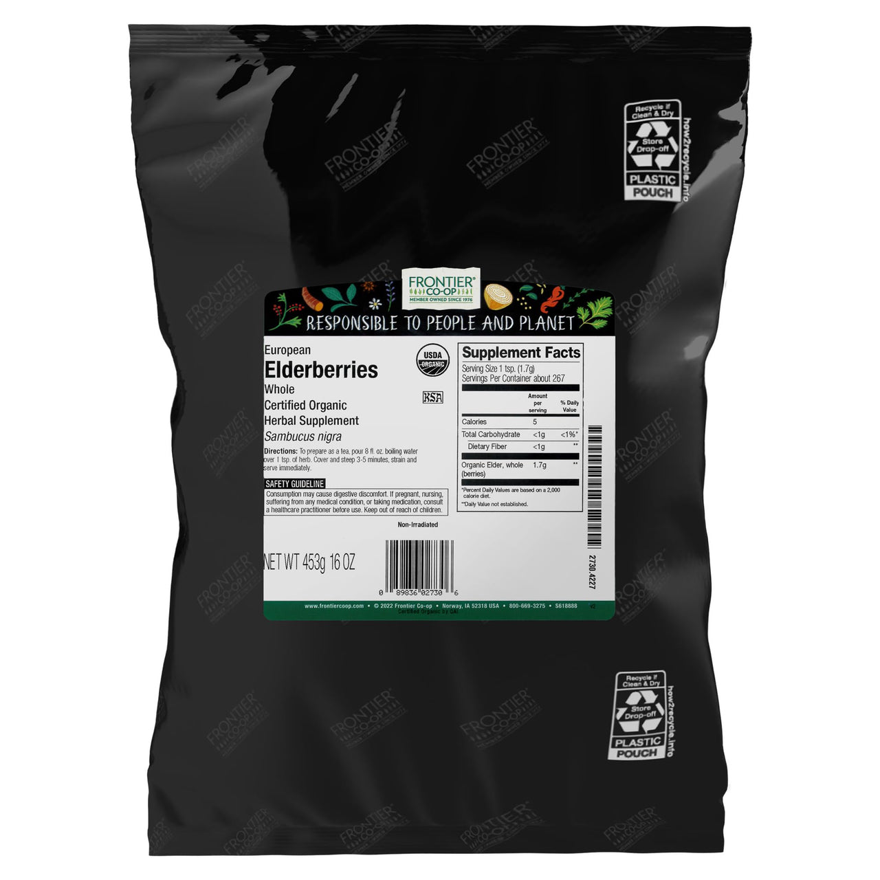 Frontier Co-op Organic Dried Elderberries, European Whole - Non-GMO Elderberry Berries Dried - For Tea, Immune Support - Kosher | 16 Ounce (Pack of 2)