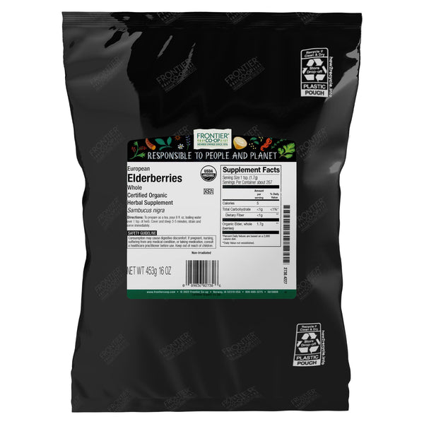Frontier Co-op Organic Dried Elderberries, European Whole - Non-GMO Elderberry Berries Dried - For Tea, Immune Support - Kosher | 16 Ounce (Pack of 2)