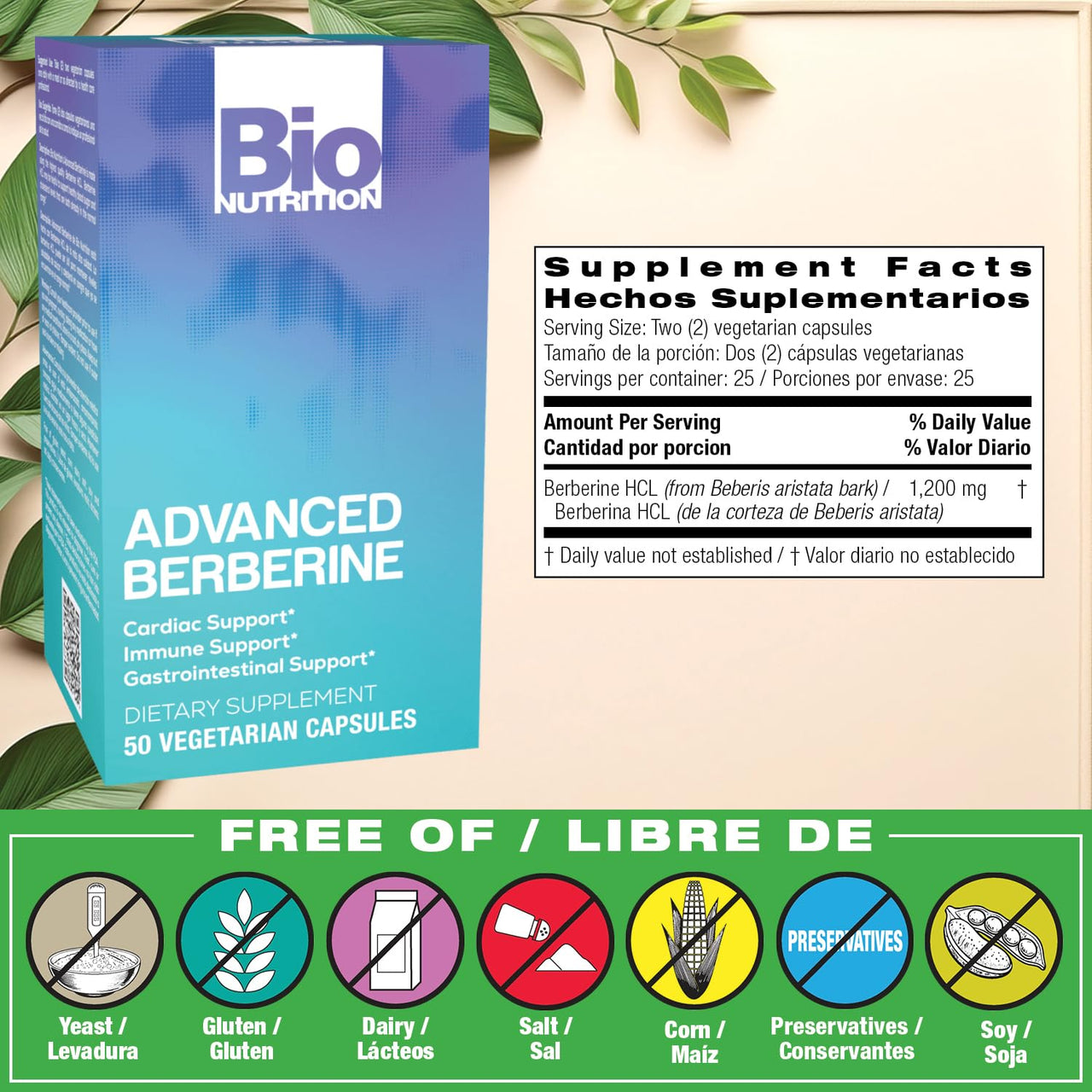 Bio Nutrition Advanced Berberine 50 Vegetarian Capsules | 1,200 Milligram Berberine | Immune System | Healthy GI