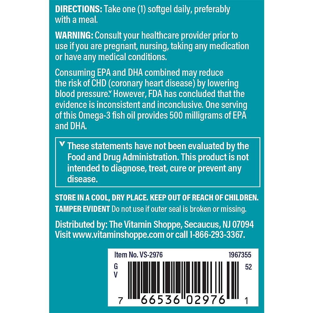 The Vitamin Shoppe Omega 3 Fish Oil 1000MG EPA DHA - Heart Health, Brain Function & Joint Support, Molecularly Distilled (120 Softgels)