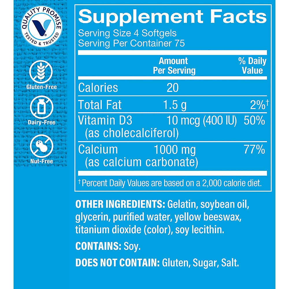 The Vitamin Shoppe Calcium 1000MG - Bone Strength, Teeth Health & Muscle Function Support, Daily Mineral (300 Softgels)