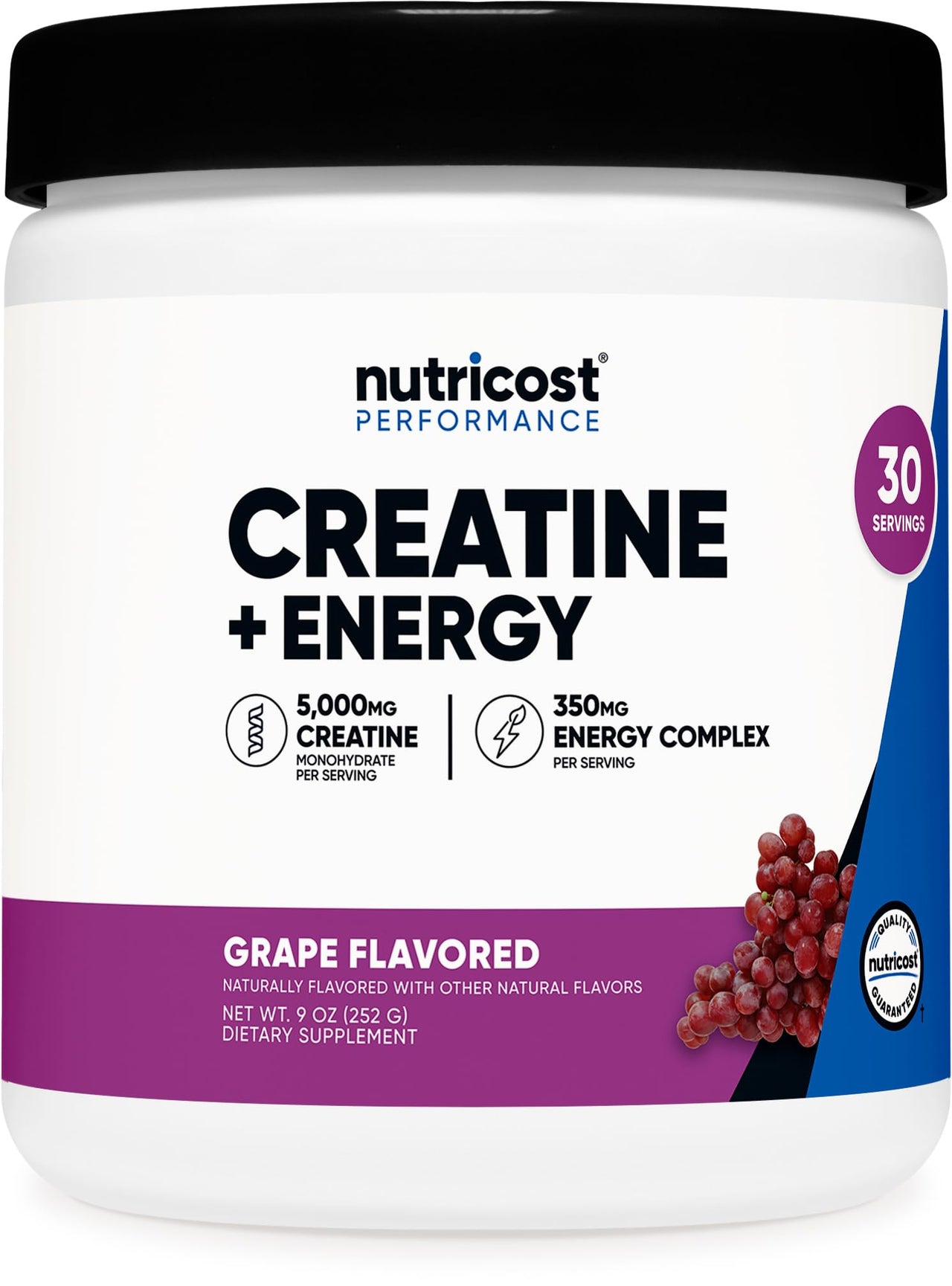 Nutricost Creatine + Energy 30 Servings (Grape Flavored) - 5,000mg Creatine Monohydrate + 350mg Energy Complex Per Serving