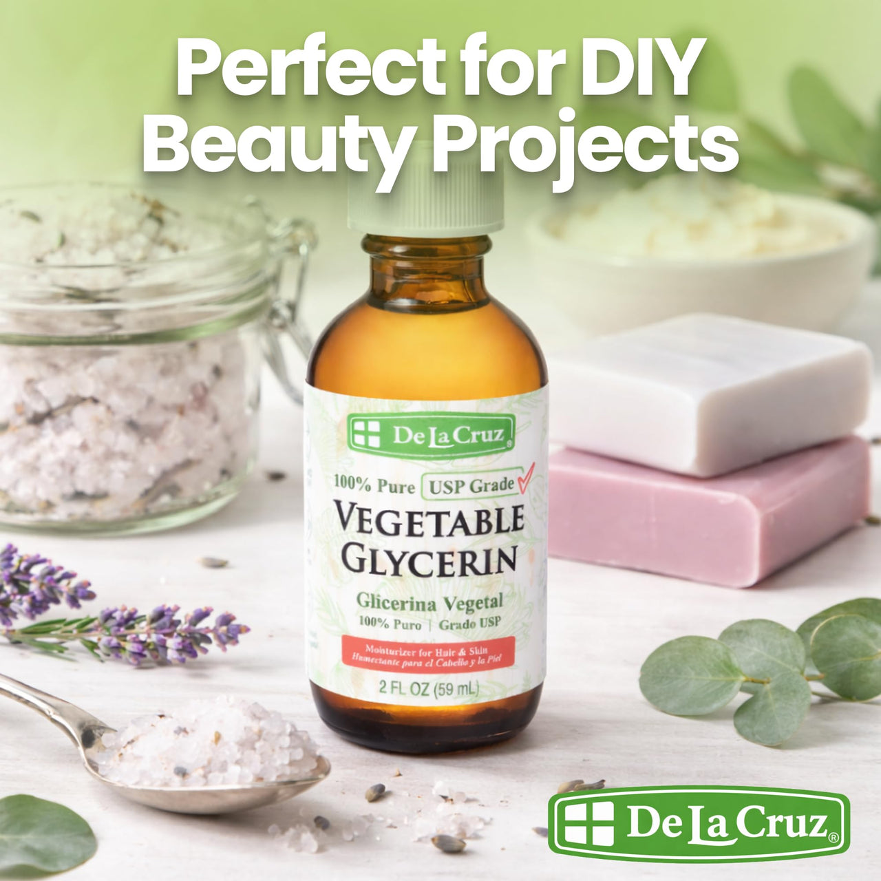 De La Cruz Vegetable Glycerin, Glass Bottle, 100% Pure Liquid Glycerine USP Grade for Hair, Skin and DIY Projects, 2 FL. OZ.