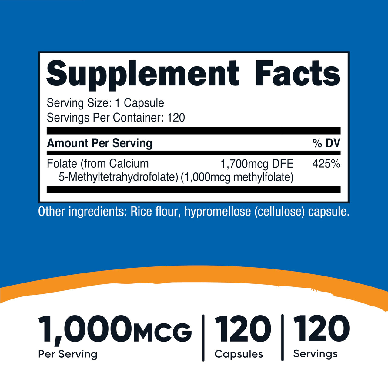 Nutricost Methylfolate 1000mcg, 120 Vegetarian Capsules - Gluten Free, Non-GMO (Methylated Folate)