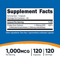 Thumbnail for Nutricost Methylfolate 1000mcg, 120 Vegetarian Capsules - Gluten Free, Non-GMO (Methylated Folate)