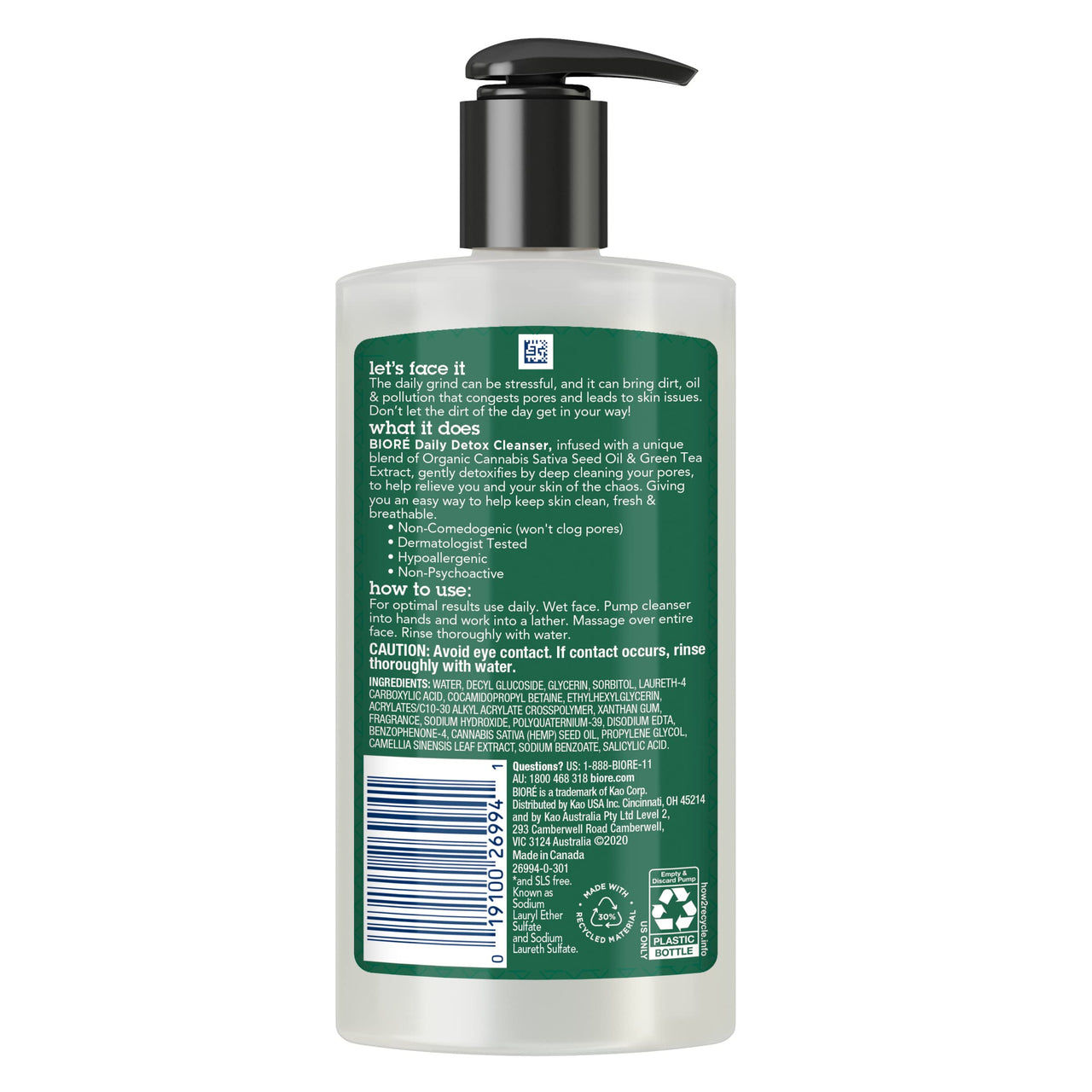 Bioré Detox Face Wash, Acne Facial Cleanser for Blemish Prone Skin, Daily Detox Cleanser, with Organic Hemp Oil and Green Tea Extract, 6.77 Fluid Ounces (3 Pack)