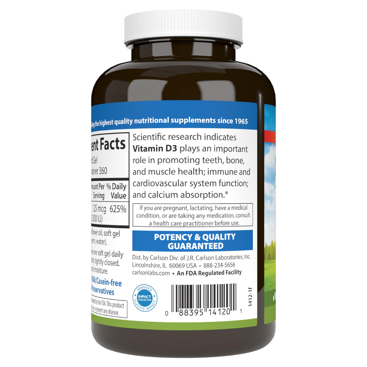 Carlson - Vitamin D3 5000 IU (125 mcg), Bone Health, Muscle Health, Cholecalciferol, Vitamin D Supplements, Vitamin D3 Soft Gels, 360 Softgels