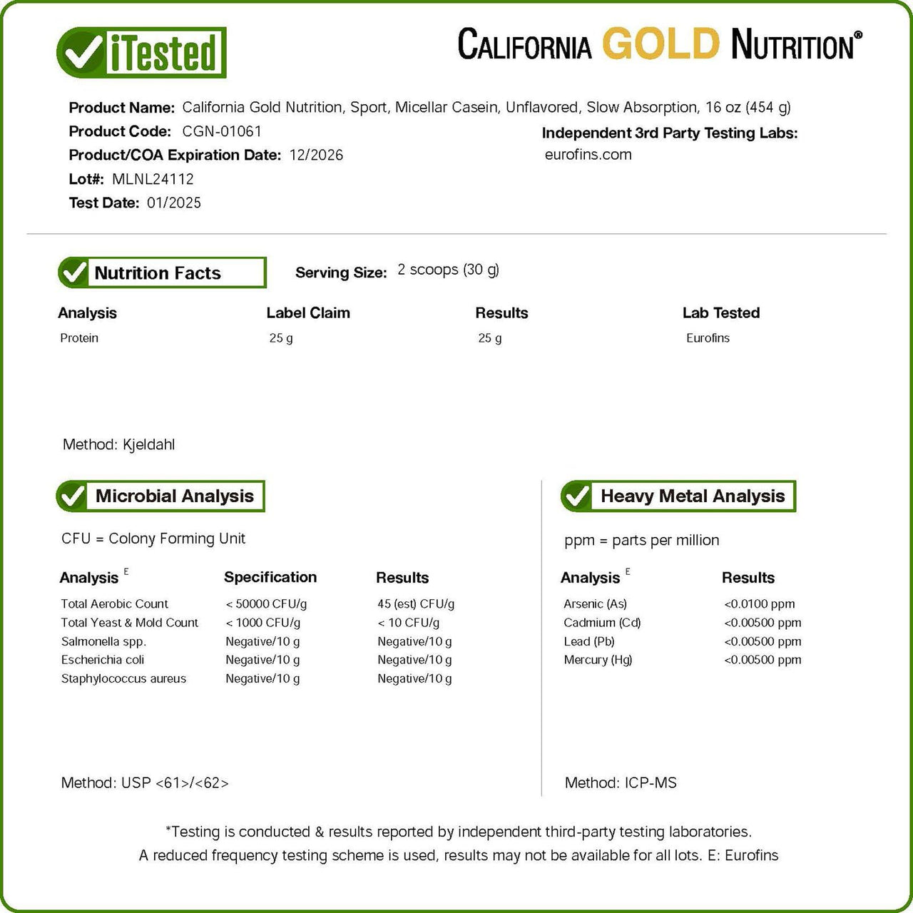California Gold Nutrition Sport, Micellar Casein, Unflavored, Slow Absorption, 16 oz (454 g)