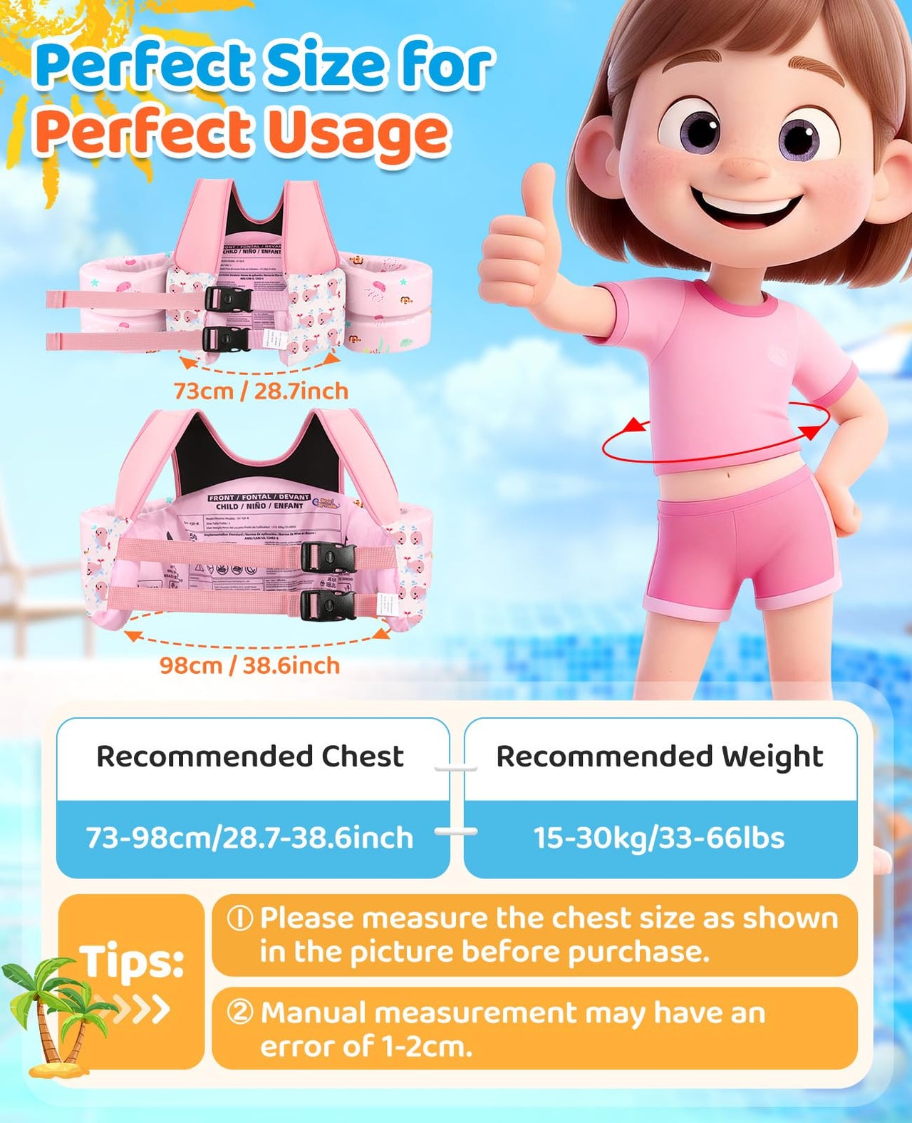 HeySplash Swim Vest for Kids, Toddler Pool Floaties Fit 33-66 Lbs,Swimming Vest with Adjustable Strap, Swim Jacket Water Wing Arm Float, Puddle Beach Boat Jumper Float Device Girl,Pink Whale