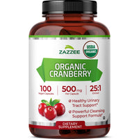 Thumbnail for Zazzee USDA Organic Cranberry 25:1 Extract, 500 mg per Capsule, 100 Vegan Capsules, 3+ Month Supply, Certified Kosher, Standardized, Concentrated 25X Extract, 100% Vegetarian, Non-GMO, Made in the USA