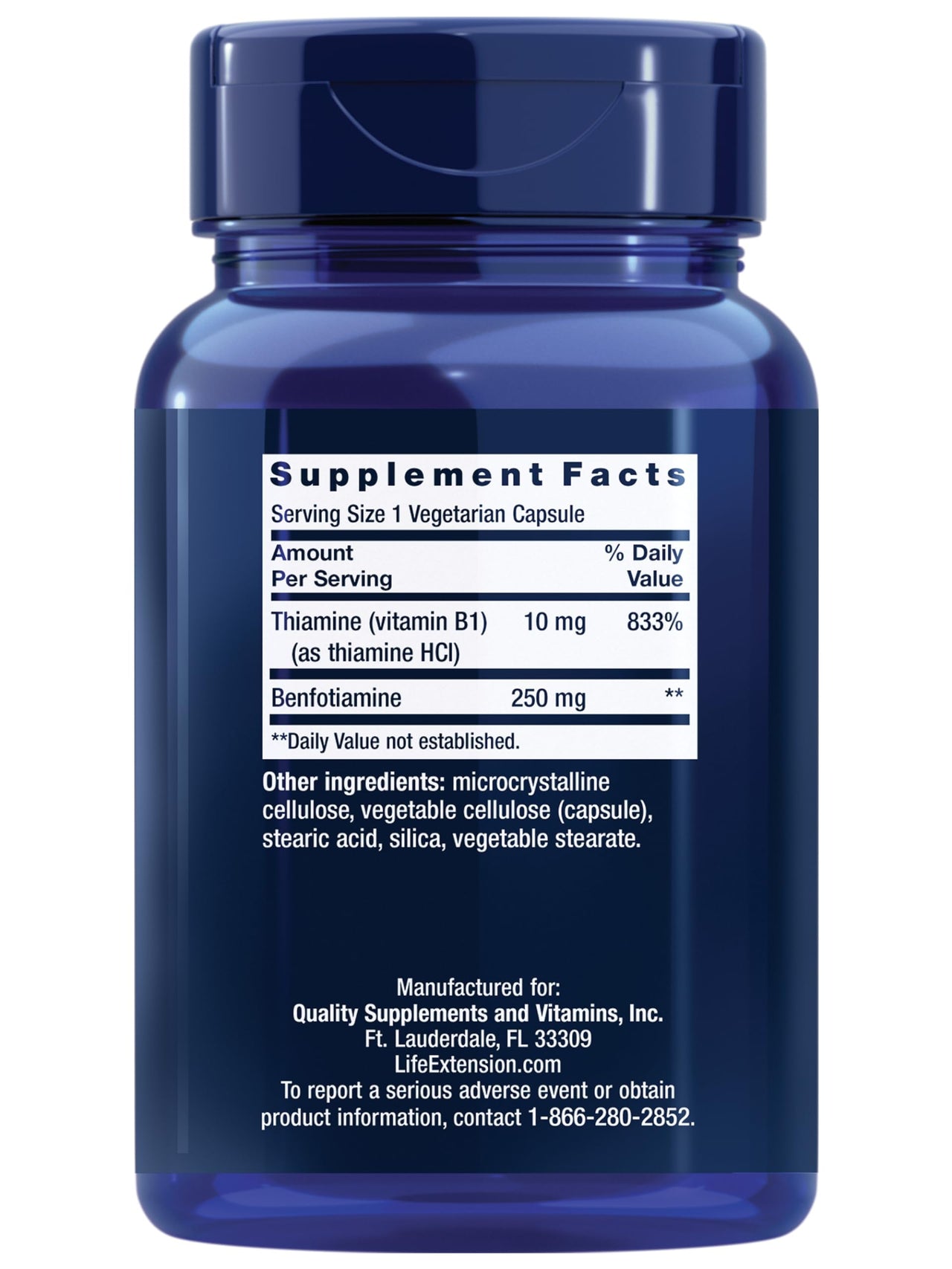 Life Extension Mega Benfotiamine, 250 mg, a fat-soluble form of thiamine, healthy metabolism, ultra-bioavailable vitamin B1, high potency, gluten-free, non-GMO, vegetarian, 120 capsules