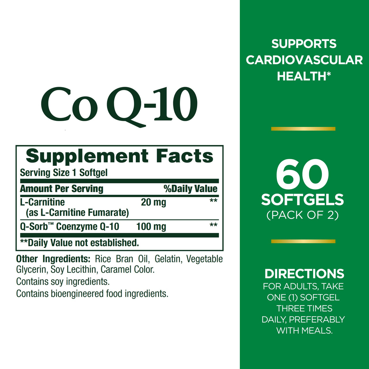 CoQ10 by Nature's Bounty, Dietary Supplement, Supports Heart Health, 100mg Plus L-Carnitine, Twin Pack, 120 Softgels